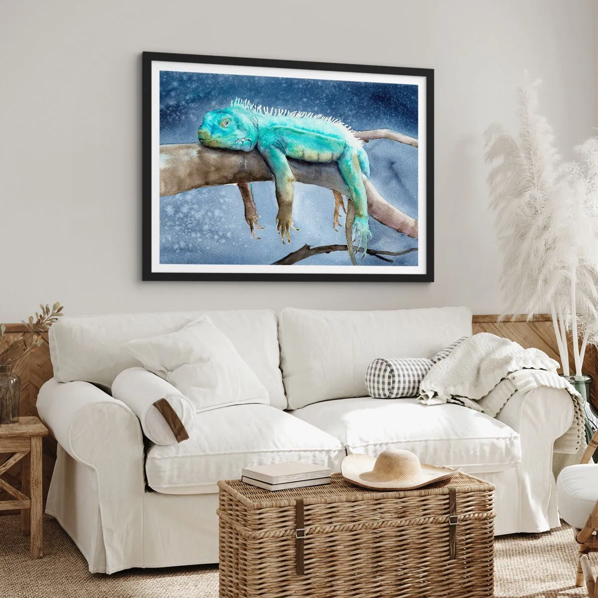 Affiche dans un cadre noir - Poster - Iguane bleu reposant sur une branche - 70x50cm - Tout va bien! - Décoration murale moderne pour le salon et la chambre ARTTOR
