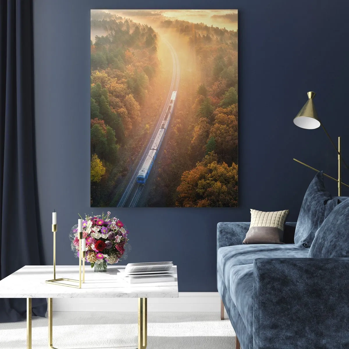 Impression sur verre - Image sur verre - Un train dans une forêt d'automne à l'aube - 70x100cm - Voyage printannier - Décoration murale moderne pour le salon et la chambre ARTTOR