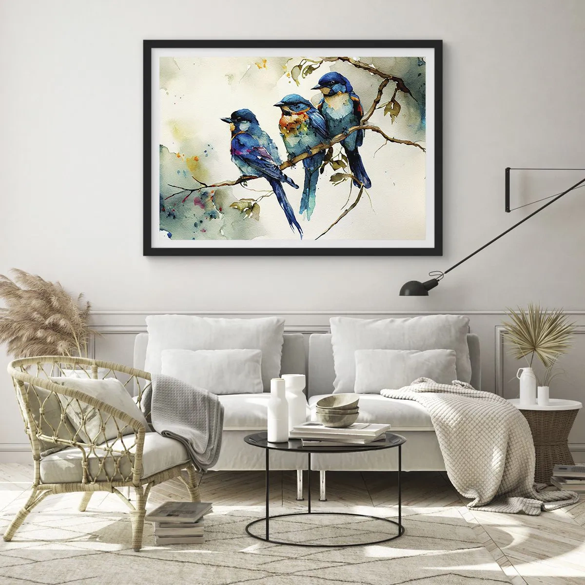 Affiche dans un cadre noir - Poster - Trois oiseaux colorés sur une branche dans un style aquarelle - 100x70cm - A-t-il été offensé ? - Décoration murale moderne pour le salon et la chambre ARTTOR