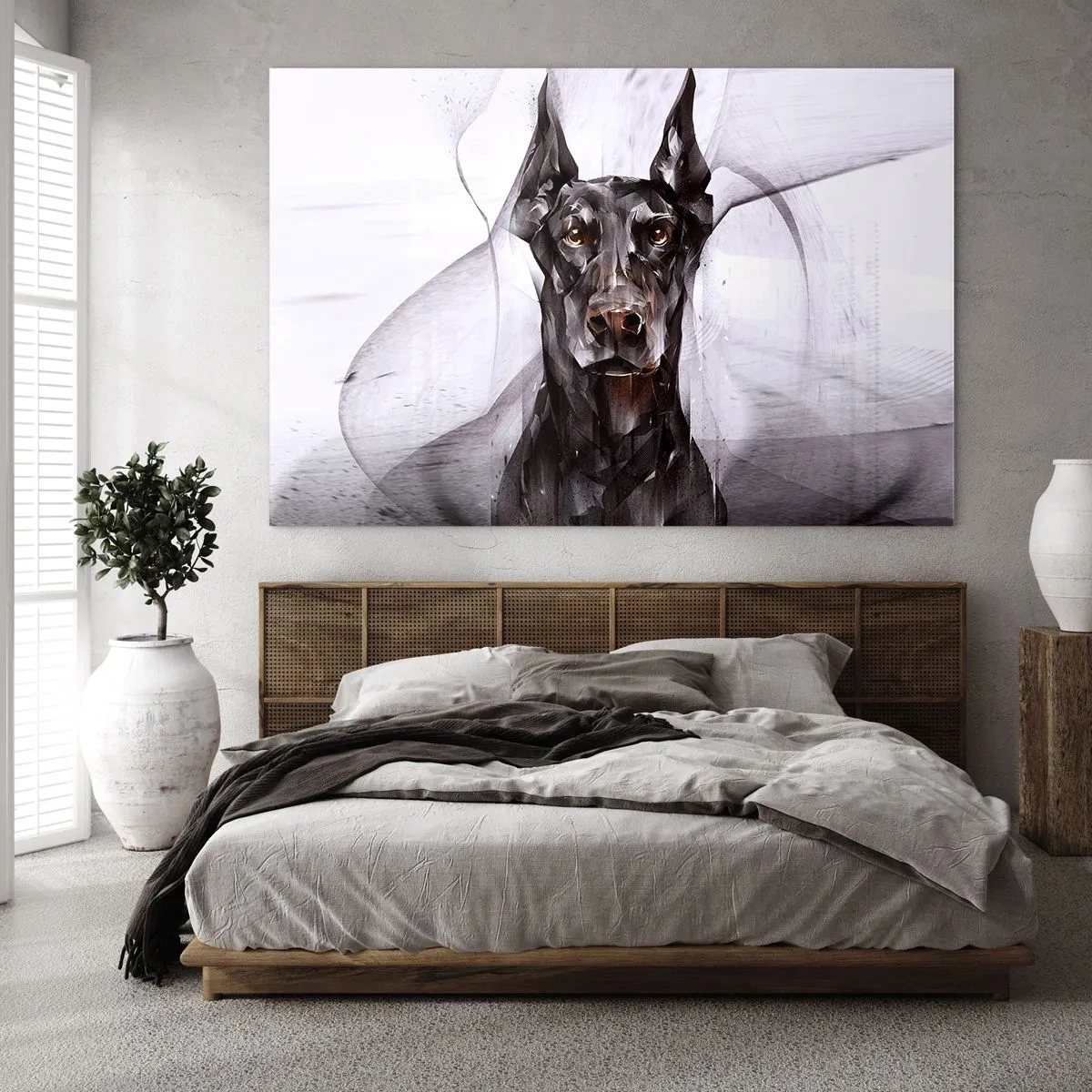 Impression sur verre - Image sur verre - Portrait d'un chien noir dans un style abstrait sur fond clair - 70x50cm - Né noble - Décoration murale moderne pour le salon et la chambre ARTTOR