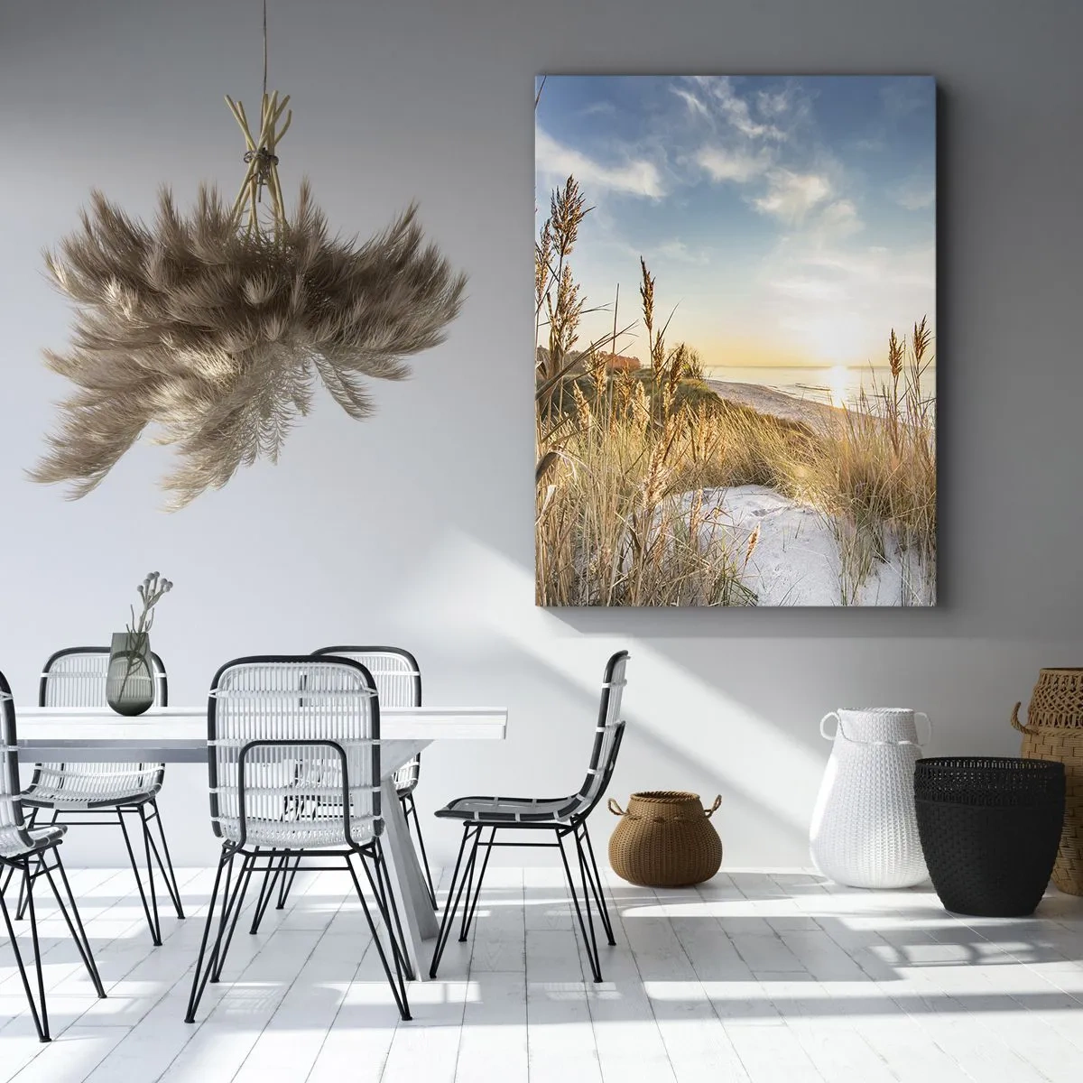 Impression sur toile - Image sur toile - Une plage pittoresque avec de l'herbe et le soleil couchant - 70x100cm - Plage du nord - Décoration murale moderne pour le salon et la chambre ARTTOR