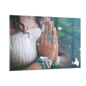 Impression sur verre - Image sur verre - Mains de femme portant des bijoux bohèmes - 120x80cm - Bienvenue au centre du bien-être - Décoration murale moderne pour le salon et la chambre ARTTOR