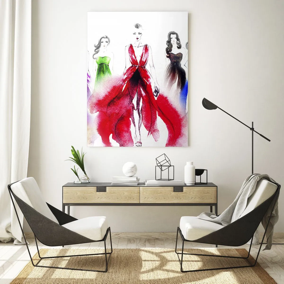 Impression sur verre - Image sur verre - Illustration de mode avec des modèles en robes colorées - 70x100cm - Ambiances pour les déguisements - Décoration murale moderne pour le salon et la chambre ARTTOR