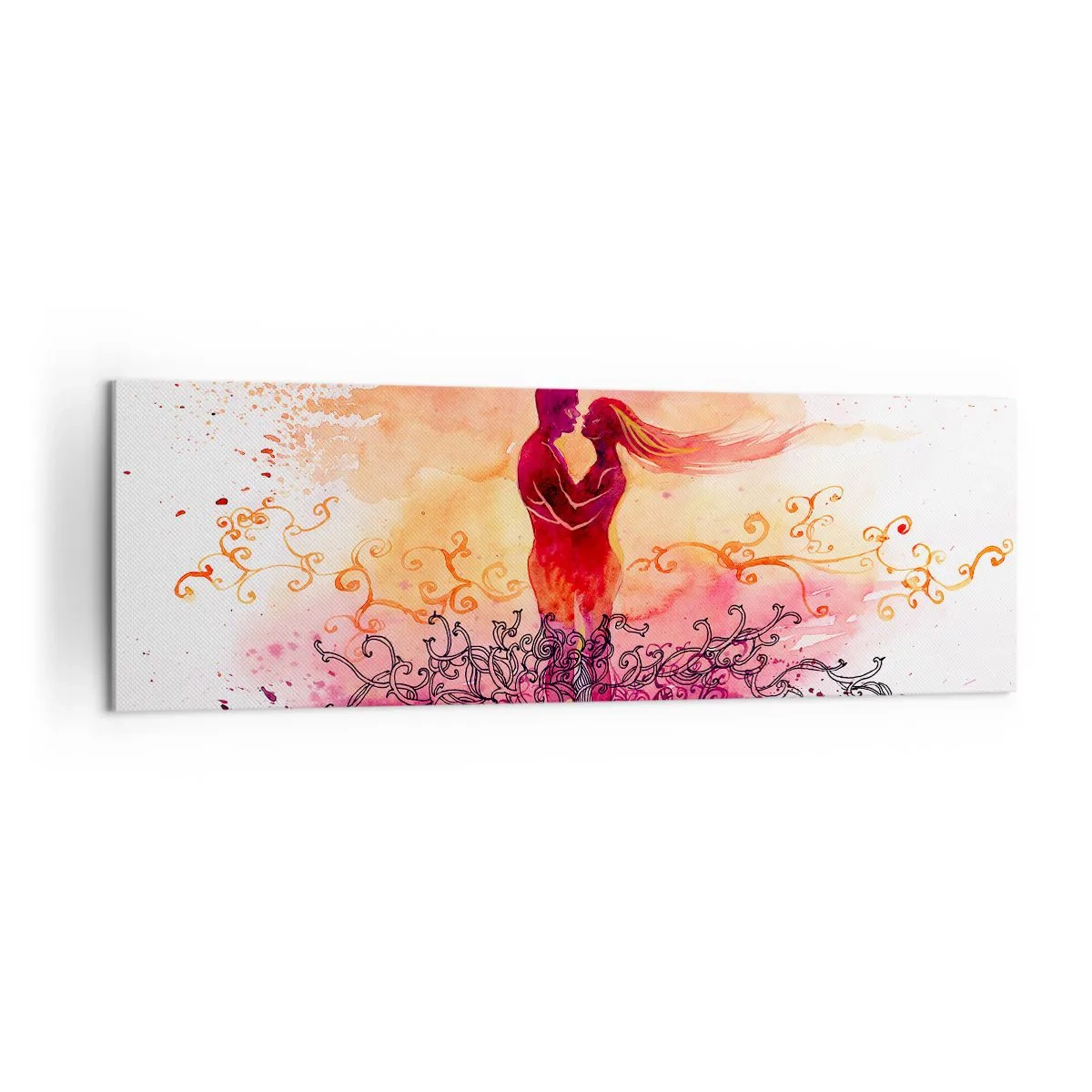 Impression sur toile - Image sur toile - Un couple s'embrassant sur un motif abstrait rose et orange - 160x50cm - Un coeur! Je n'ai pas besoin de beaucoup… - Décoration murale moderne pour le salon et la chambre ARTTOR