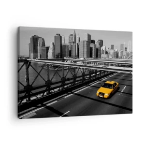 Impression sur toile - Image sur toile - Taxi jaune sur un pont avec vue sur les toits de New York - 70x50cm - Couleur de la grande ville - Décoration murale moderne pour le salon et la chambre ARTTOR