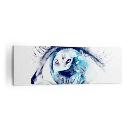 Impression sur toile - Image sur toile - Un œil avec une image d'un hibou dans des tons bleus à l'aquarelle - 160x50cm - Face à face avec la nature sauvage - Décoration murale moderne pour le salon et la chambre ARTTOR