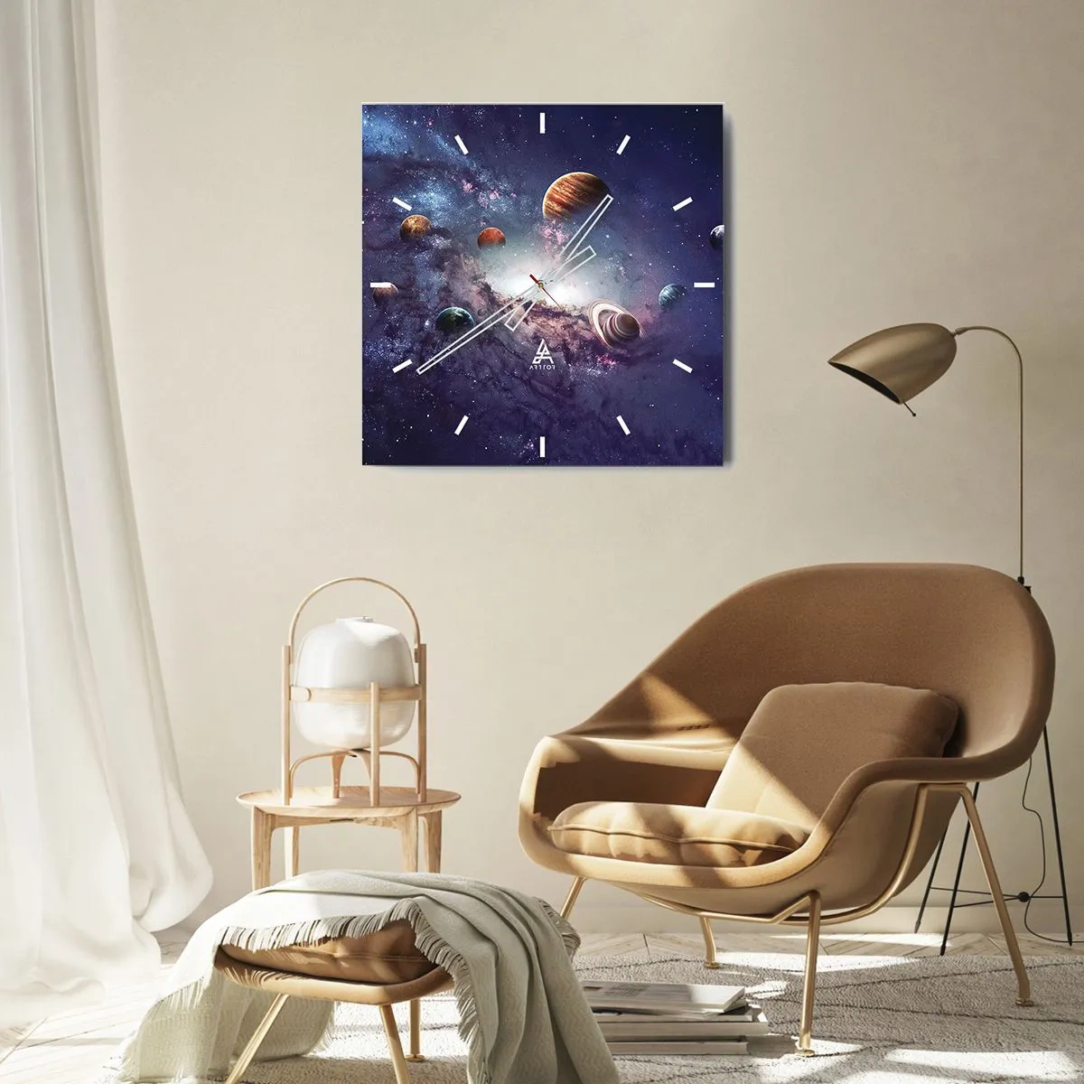 Horloge murale - Pendule murale - Planètes dans une galaxie avec une nébuleuse en arrière-plan - 30x30cm - Système de danse solaire - Décoration murale moderne pour le salon et la chambre ARTTOR