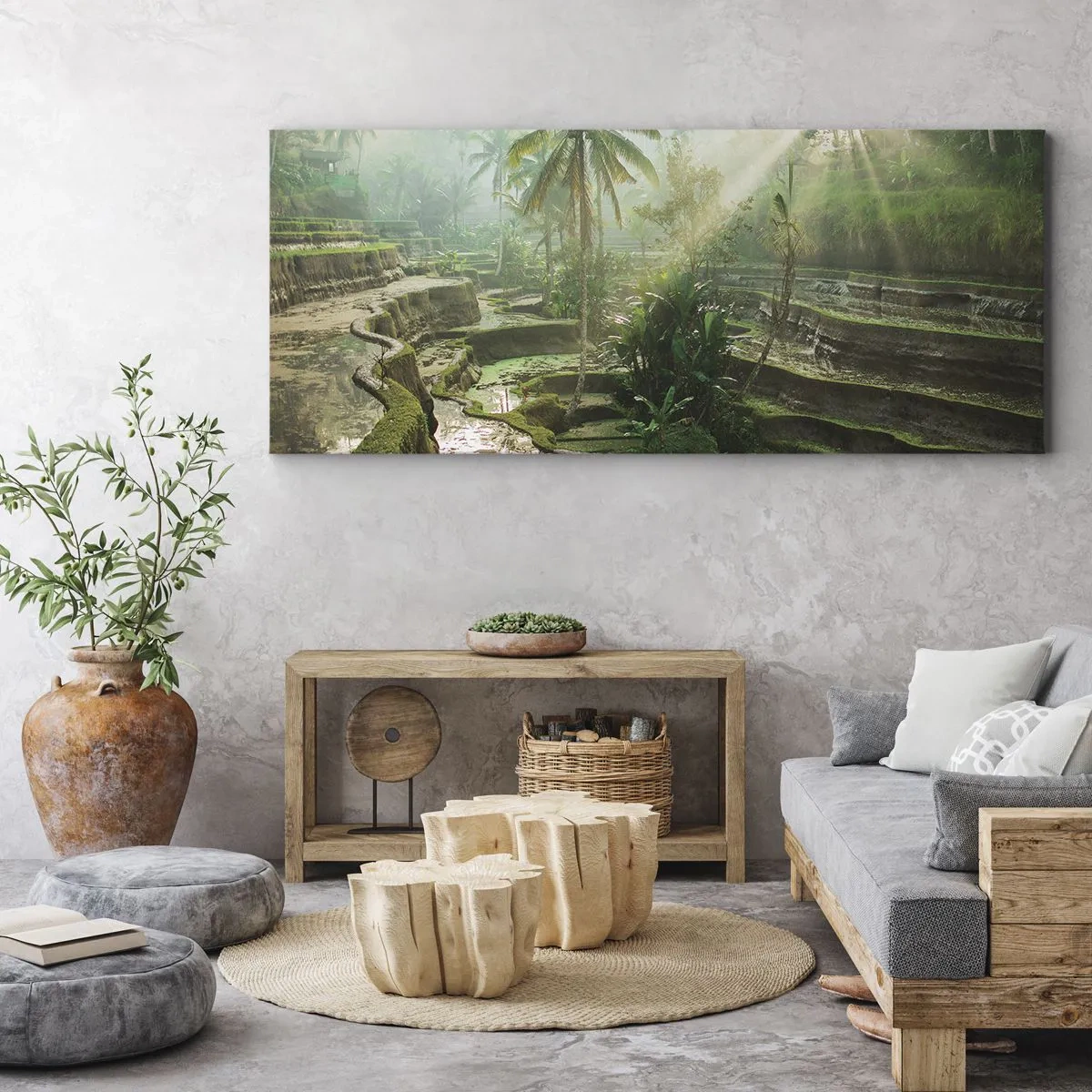 Impression sur toile - Image sur toile - Rizières en terrasses avec palmiers sous les rayons du soleil - 160x50cm - Grandir au soleil - Décoration murale moderne pour le salon et la chambre ARTTOR