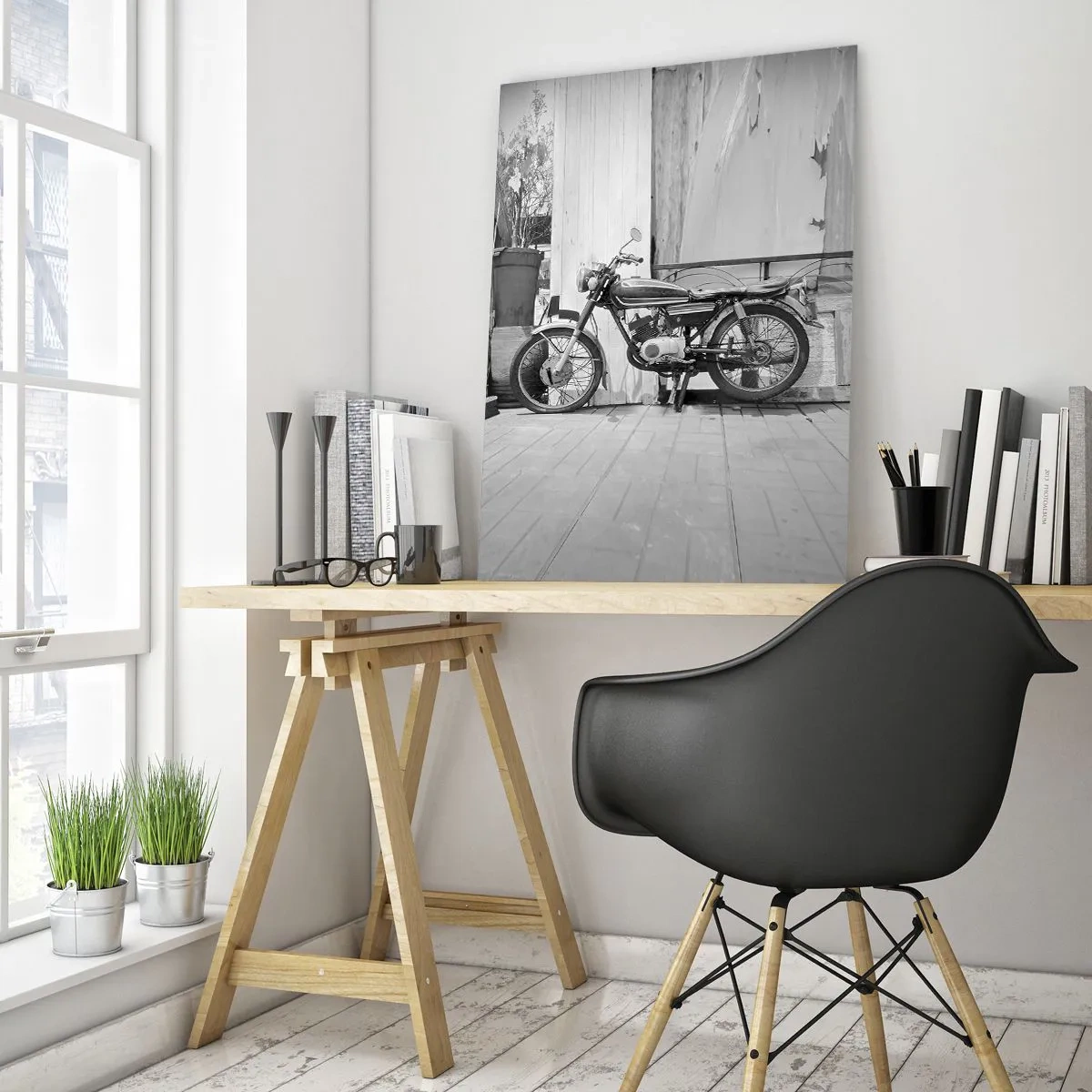Impression sur verre - Image sur verre - Photo en noir et blanc d'une moto classique - 80x120cm - Classique au dessus de tout - Décoration murale moderne pour le salon et la chambre ARTTOR