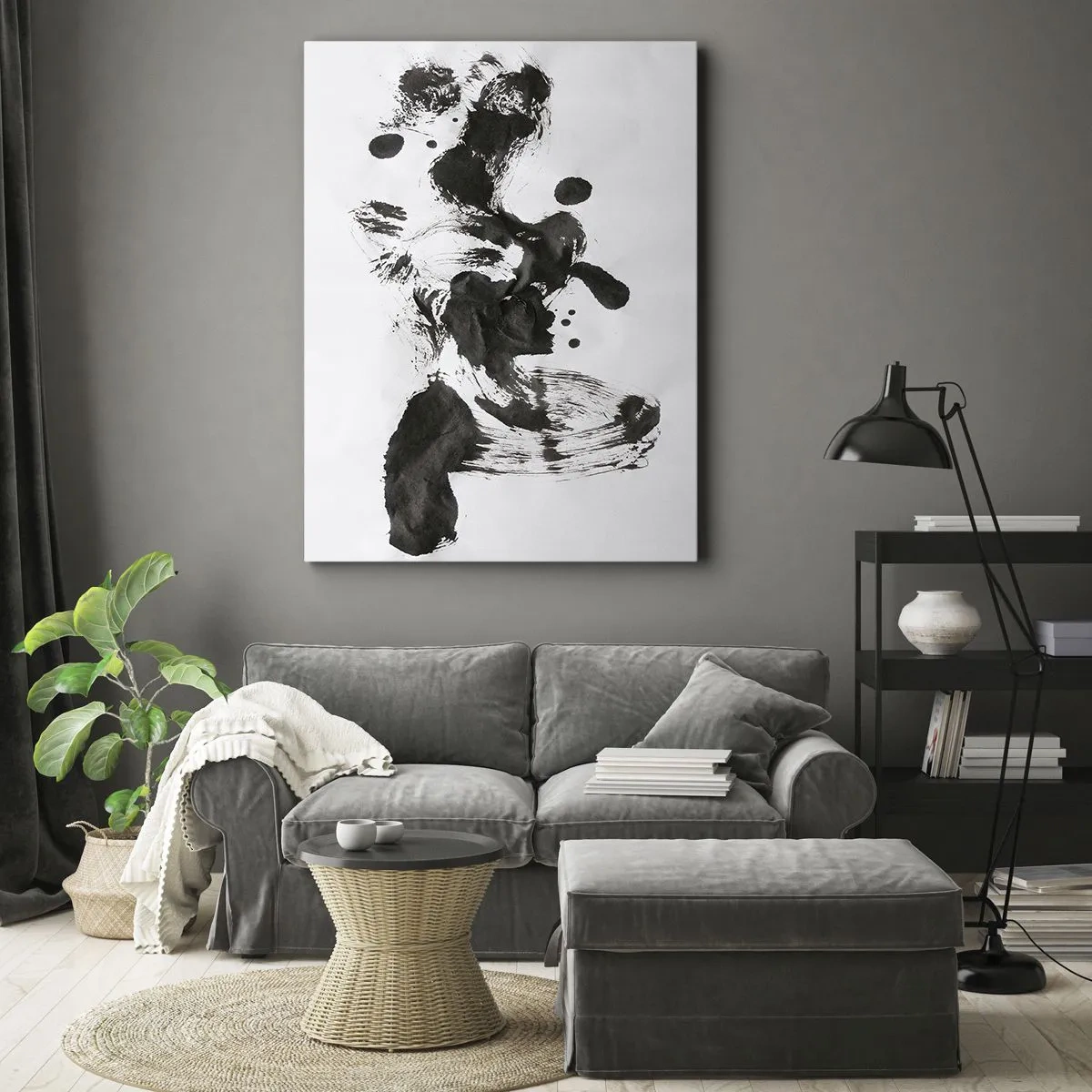 Impression sur toile - Image sur toile - Composition abstraite de taches noires sur fond blanc - 70x100cm - De la méthode dans la folie ? - Décoration murale moderne pour le salon et la chambre ARTTOR