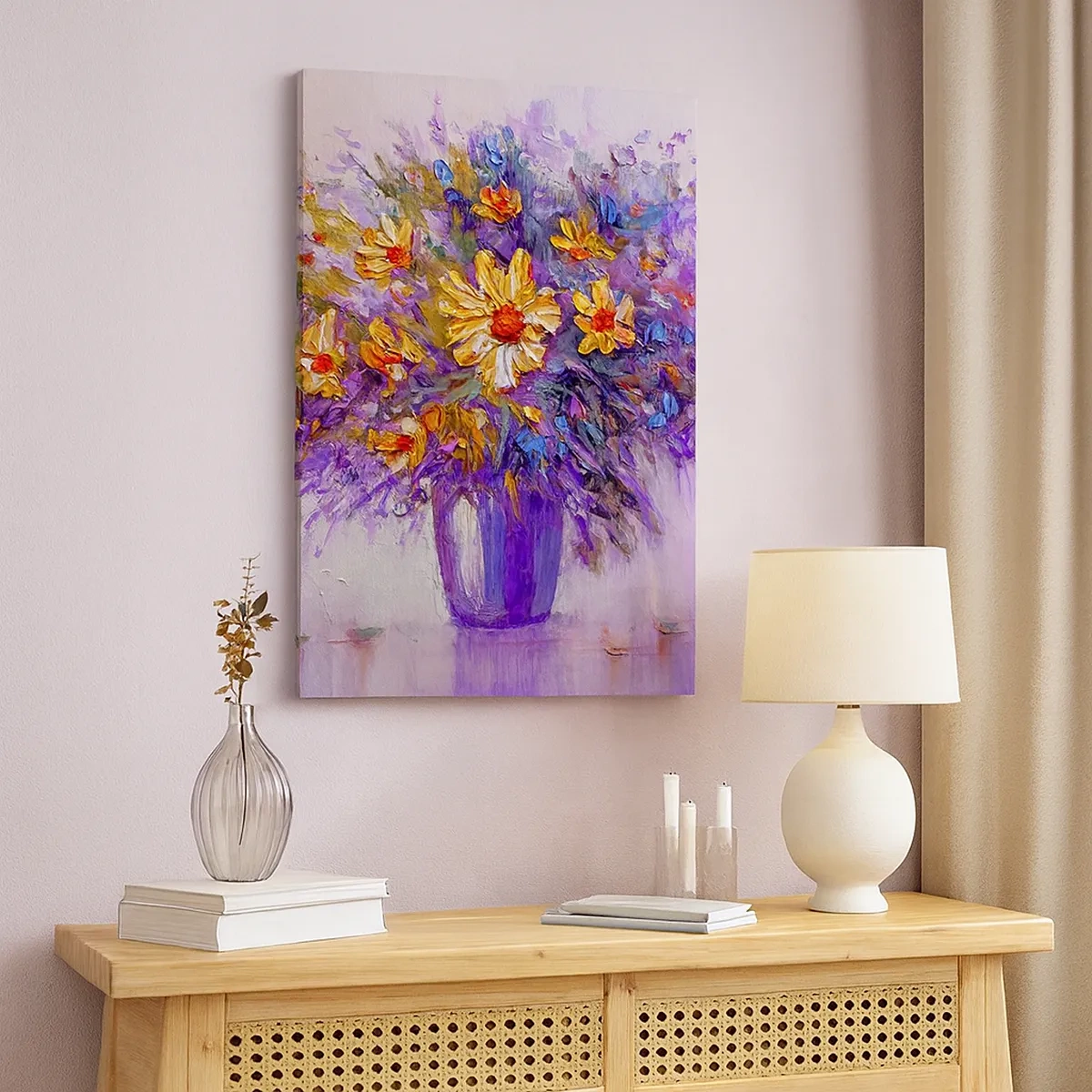 Impression sur toile - Image sur toile - Un bouquet de fleurs dans un vase sur fond pastel - 50x70cm - Ça sent bon, ça a l'air doux - Décoration murale moderne pour le salon et la chambre ARTTOR