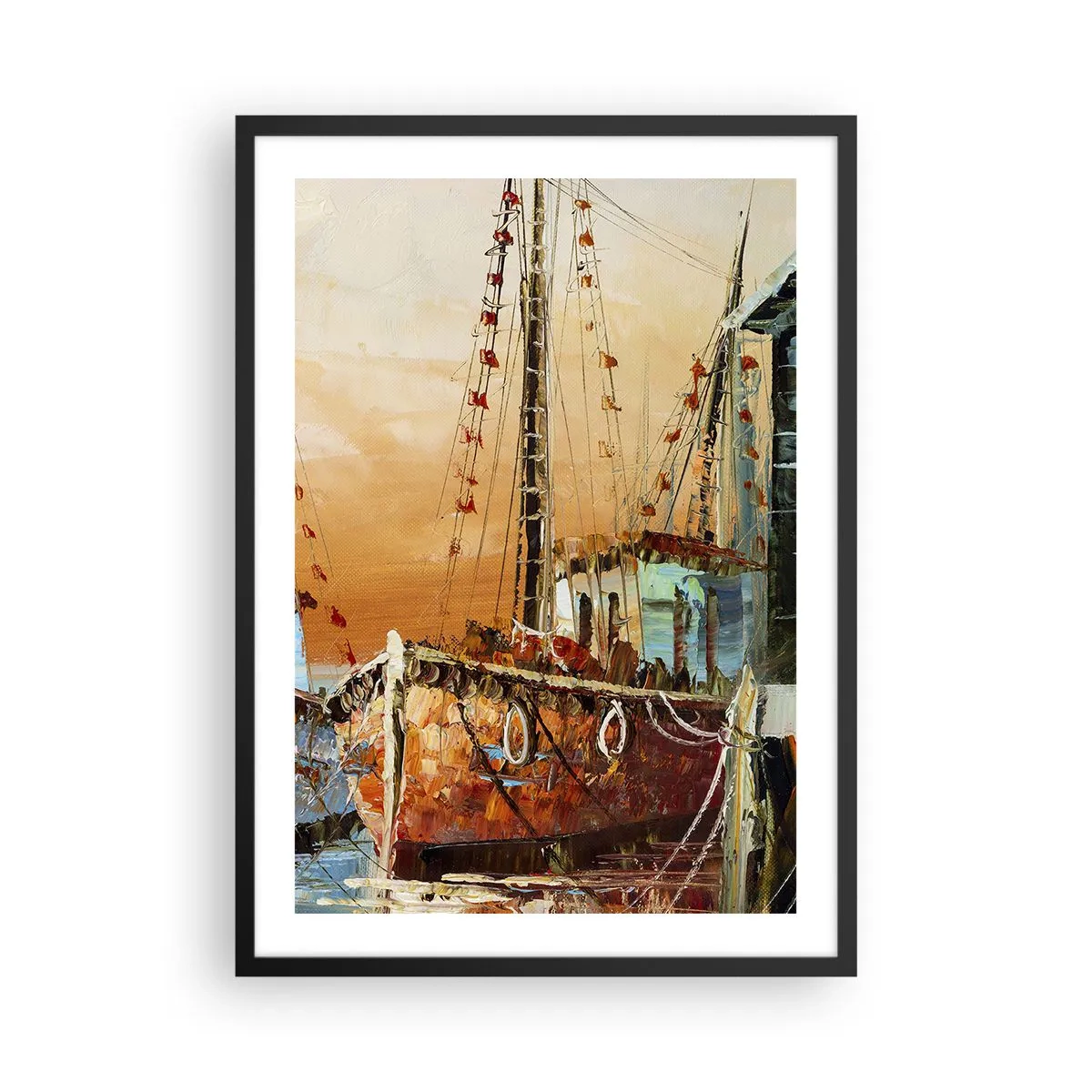 Affiche dans un cadre noir - Poster - Un voilier sur fond de soleil couchant - 50x70cm - Retour tranquille - Décoration murale moderne pour le salon et la chambre ARTTOR