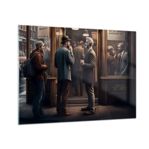 Impression sur verre - Image sur verre - Hommes discutant devant un café dans un décor urbain rétro - 70x50cm - Bon moment de la journée - Décoration murale moderne pour le salon et la chambre ARTTOR