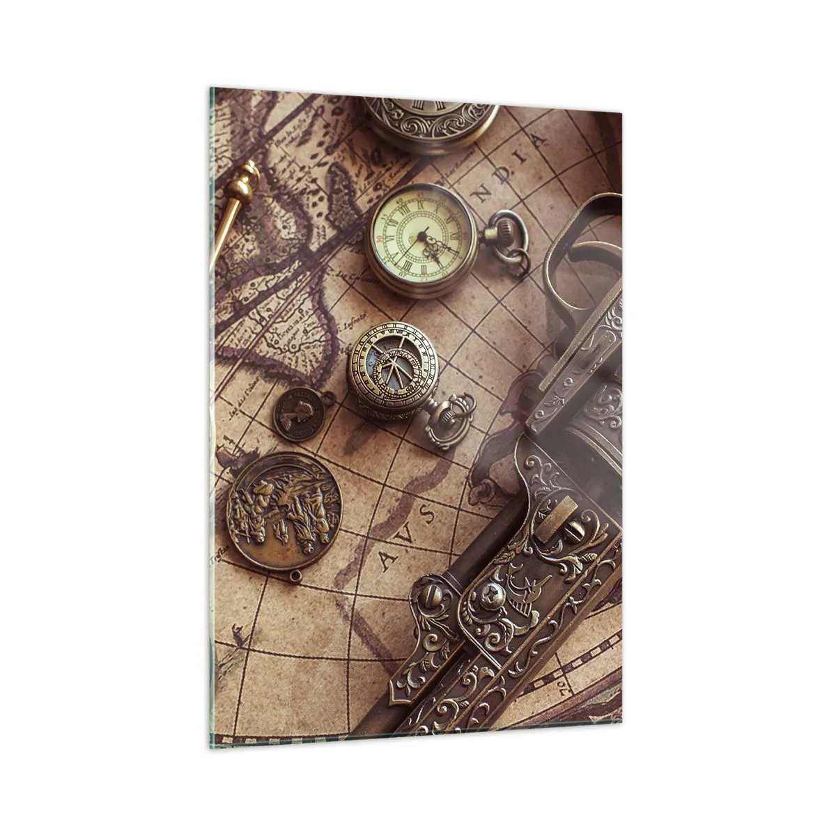 Impression sur verre - Image sur verre - Des objets anciens et une carte - 50x70cm - L'aventure appelle - Décoration murale moderne pour le salon et la chambre ARTTOR
