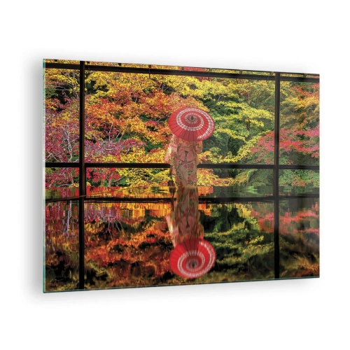 Impression sur verre - Image sur verre - Une femme en kimono avec un parapluie sur fond de paysage d'automne, reflété dans l'eau. - 70x50cm - Dans le temple de la nature - Décoration murale moderne pour le salon et la chambre ARTTOR