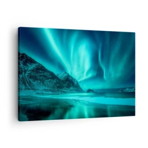 Impression sur toile - Image sur toile - Aurore boréale sur un paysage hivernal montagneux - 70x50cm - Merveilles du Nord - Décoration murale moderne pour le salon et la chambre ARTTOR