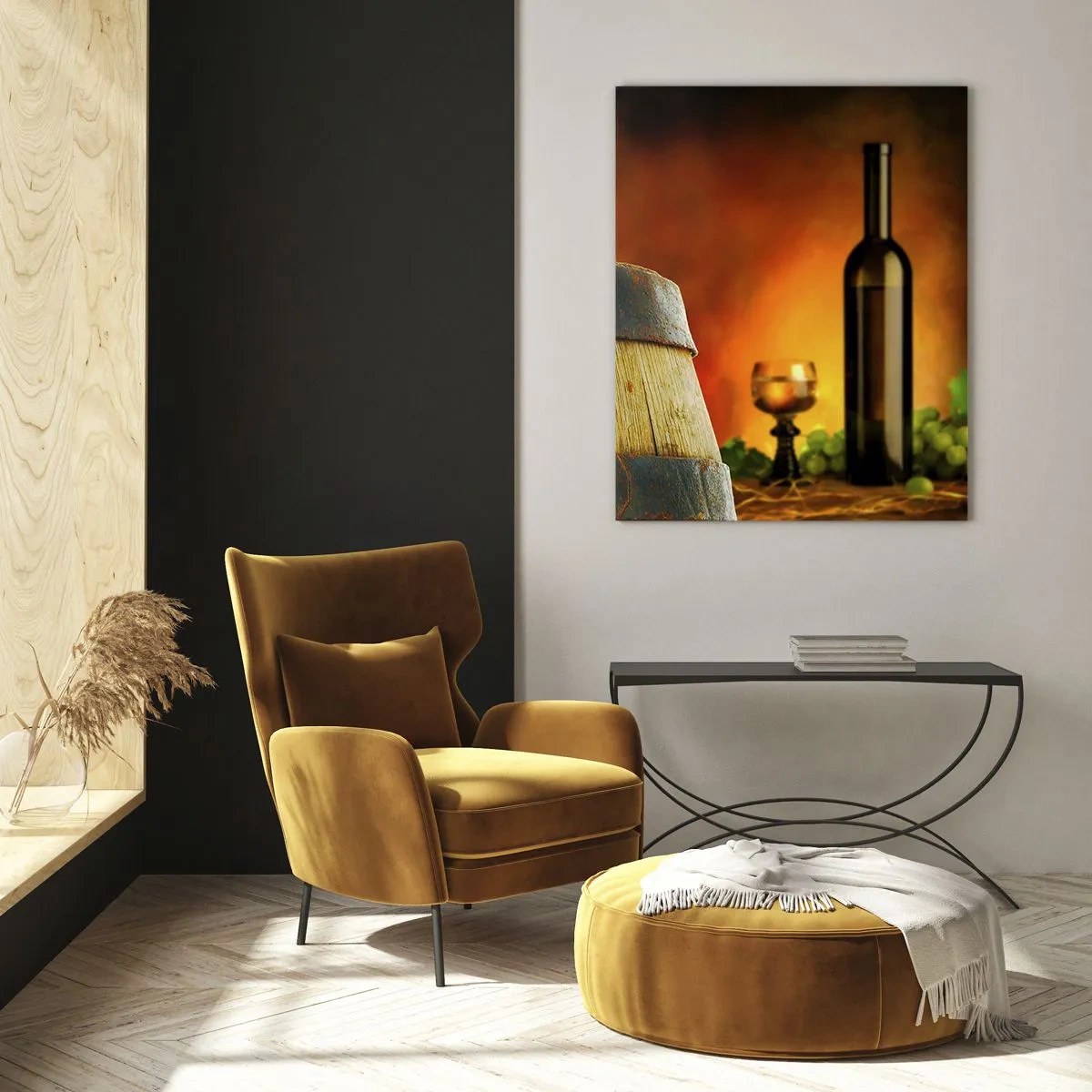 Impression sur verre - Image sur verre - Raisins sur un tonneau dans un cadre rustique avec du vin en arrière-plan - 50x70cm - Nature morte avec une bouteille de vin et une grappe de raisin - Décoration murale moderne pour le salon et la chambre ARTTOR