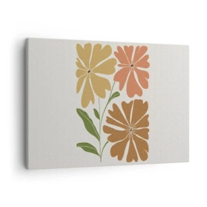 Impression sur toile - Image sur toile - Trois fleurs aux couleurs chaudes sur un fond clair - 70x50cm - Nature et géométrie - Décoration murale moderne pour le salon et la chambre ARTTOR