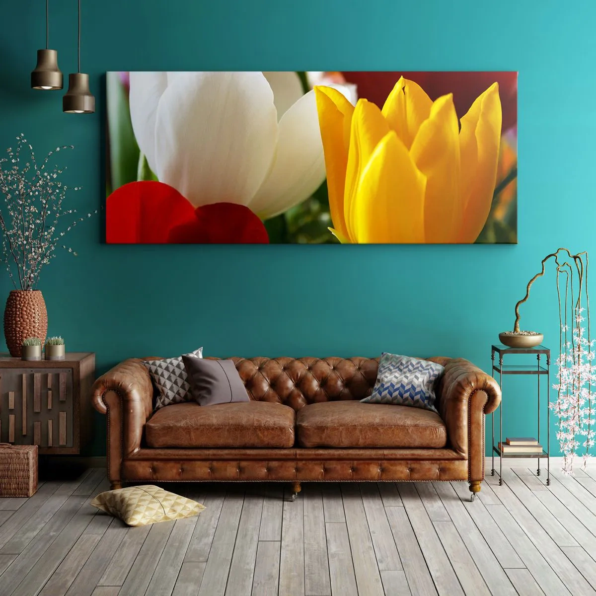 Impression sur toile - Image sur toile - Gros plan de tulipes colorées sur un fond printanier - 160x50cm - La fièvre des tulipes - Décoration murale moderne pour le salon et la chambre ARTTOR