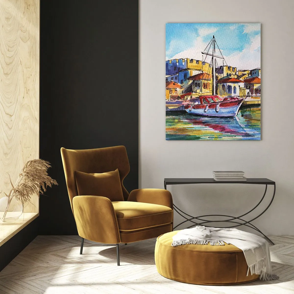 Impression sur verre - Image sur verre - Un port pittoresque avec un bateau et des bâtiments colorés - 80x120cm - Après-midi arc-en-ciel - Décoration murale moderne pour le salon et la chambre ARTTOR