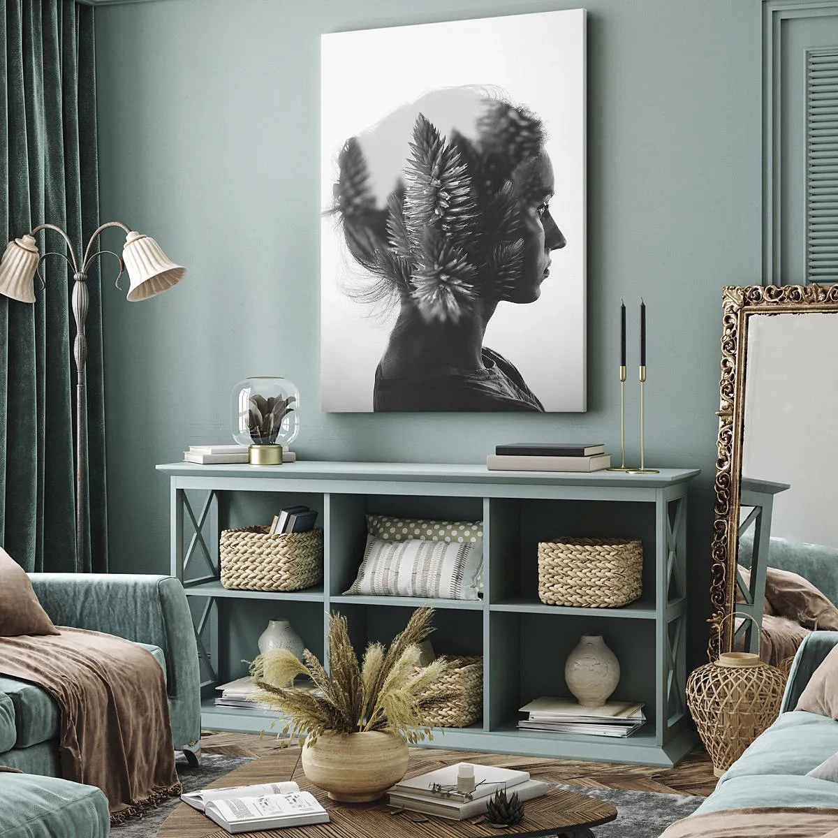 Impression sur toile - Image sur toile - Un portrait subtil avec des éléments de la nature - 50x70cm - Dame de la pinède - Décoration murale moderne pour le salon et la chambre ARTTOR