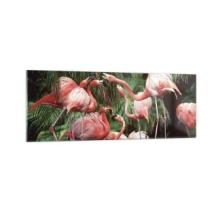 Impression sur verre - Image sur verre - Un groupe de flamants roses dans un cadre tropical entouré de palmiers - 140x50cm - Potins d'après-midi - Décoration murale moderne pour le salon et la chambre ARTTOR