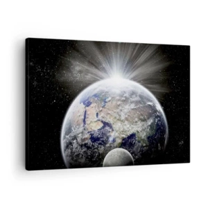 Impression sur toile - Image sur toile - La Terre et la Lune illuminées par la lueur de l'espace - 70x50cm - En pleine splendeur - Décoration murale moderne pour le salon et la chambre ARTTOR