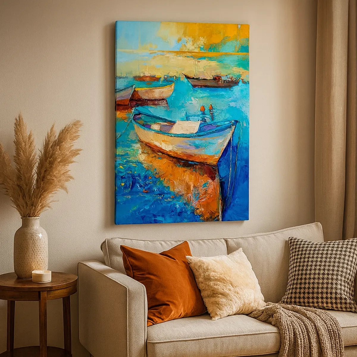 Impression sur toile - Image sur toile - Bateaux colorés amarrés sur une eau calme - 50x70cm - Dans la baie du sud - Décoration murale moderne pour le salon et la chambre ARTTOR