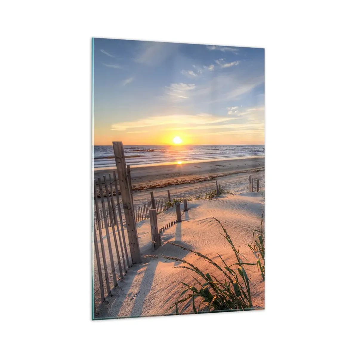 Impression sur verre - Image sur verre - Plage au coucher du soleil avec clôture en bois - 80x120cm - Ombre et brillance du vent - Décoration murale moderne pour le salon et la chambre ARTTOR