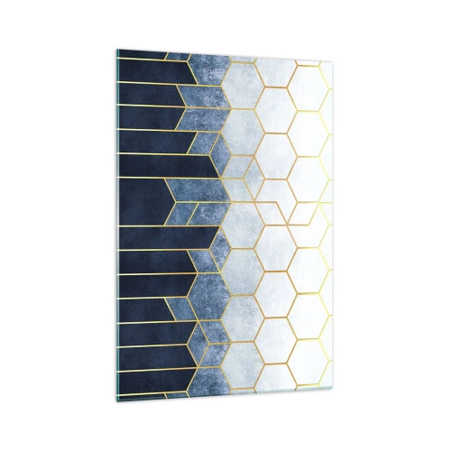 Impression sur verre - Image sur verre - Motif géométrique dans les tons or et bleu marine - 70x100cm - Composition en rythme syncopé - Décoration murale moderne pour le salon et la chambre ARTTOR