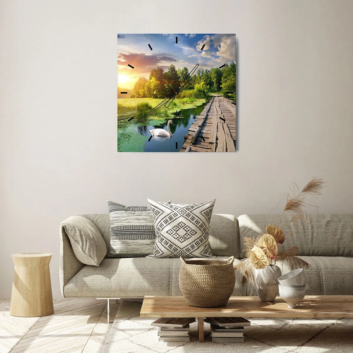 Horloge murale - Pendule murale - Un paysage pittoresque avec un pont et un cygne - 30x30cm - L'été, l'été partout - Décoration murale moderne pour le salon et la chambre ARTTOR