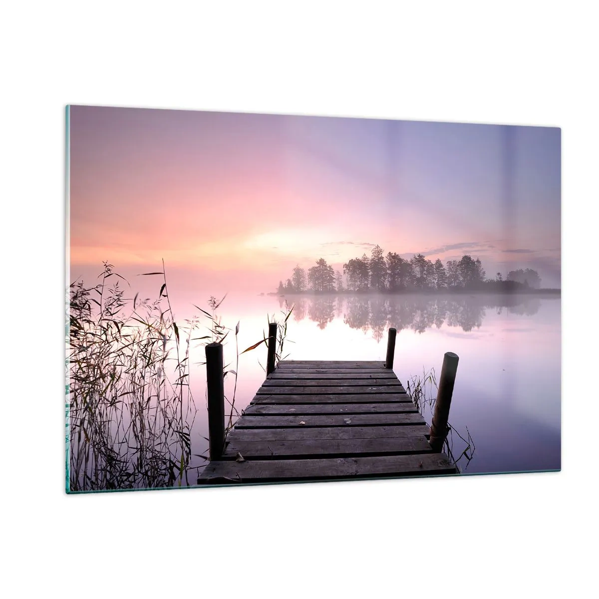 Impression sur verre - Image sur verre - Une jetée au lever du soleil sur un lac calme - 120x80cm - De la brume lilas… - Décoration murale moderne pour le salon et la chambre ARTTOR