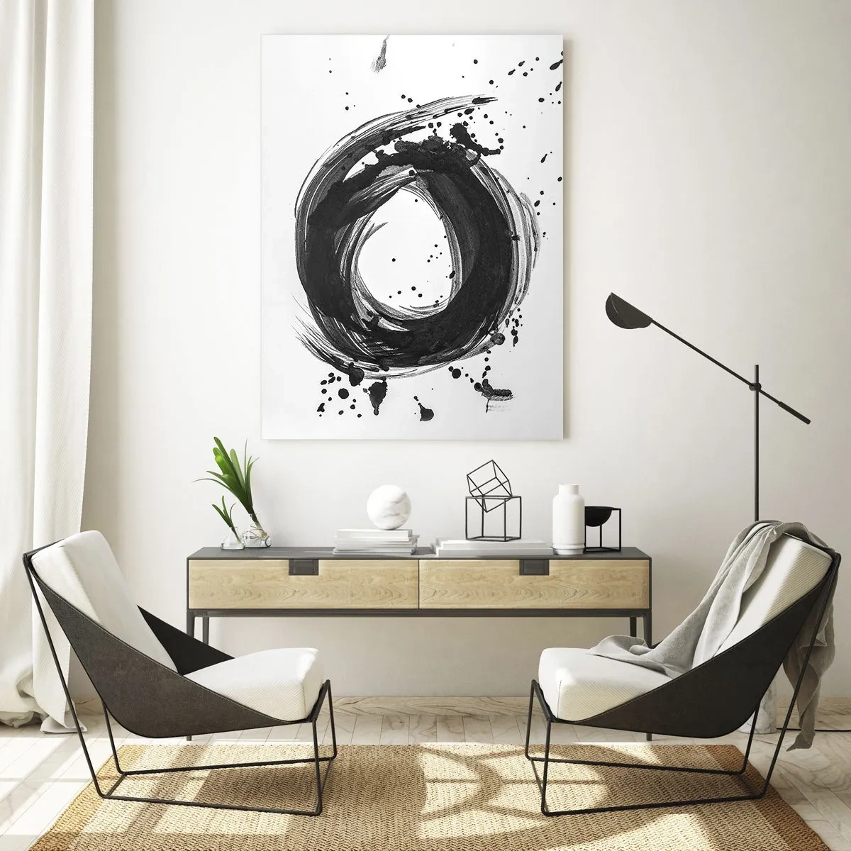 Impression sur verre - Image sur verre - Abstraction noire en forme de cercle sur fond blanc - 80x120cm - Le tourbillon de la création - Décoration murale moderne pour le salon et la chambre ARTTOR