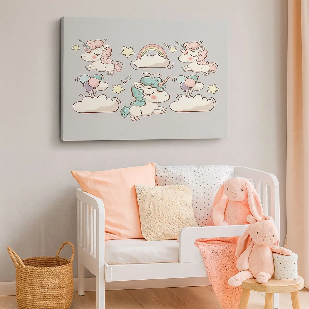 Impression sur toile - Image sur toile - Licornes mignonnes sur fond pastel - 70x50cm - Ils existe, c'est sûr… - Décoration murale moderne pour le salon et la chambre ARTTOR