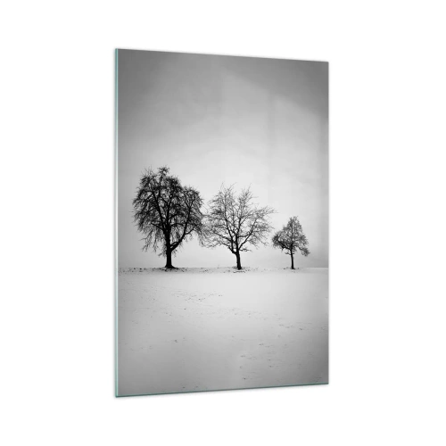 Impression sur verre - Image sur verre - Trois arbres dans un champ enneigé dans un style monochrome - 70x100cm - A quoi rêvent-ils? - Décoration murale moderne pour le salon et la chambre ARTTOR