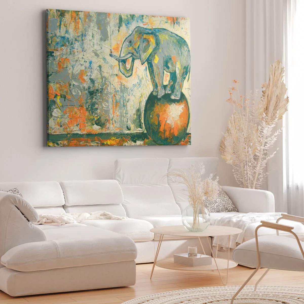 Impression sur toile - Image sur toile - Un éléphant en équilibre sur une balle dans un style artistique - 120x80cm - Que vive le cirque ! - Décoration murale moderne pour le salon et la chambre ARTTOR