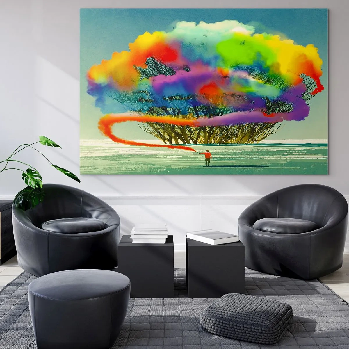 Impression sur verre - Image sur verre - Une explosion de fumée colorée sur fond d'arbre solitaire. - 100x70cm - Donner vie à ce monde - Décoration murale moderne pour le salon et la chambre ARTTOR