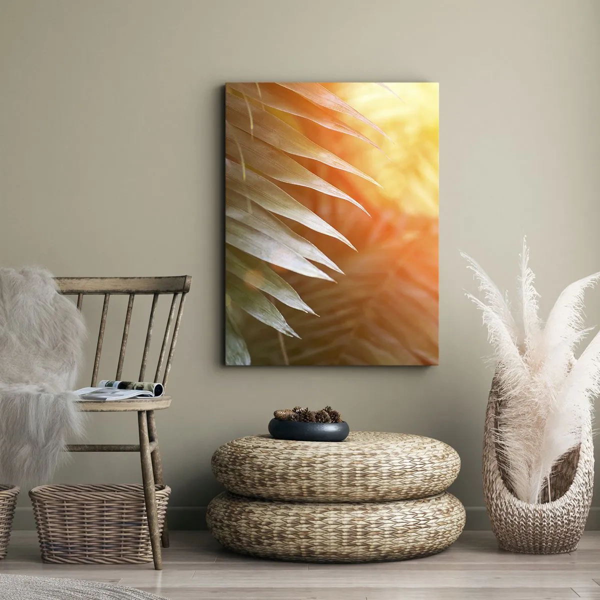 Impression sur toile - Image sur toile - Feuilles de palmier dans les rayons du soleil couchant - 50x70cm - Matinée dans la jungle - Décoration murale moderne pour le salon et la chambre ARTTOR