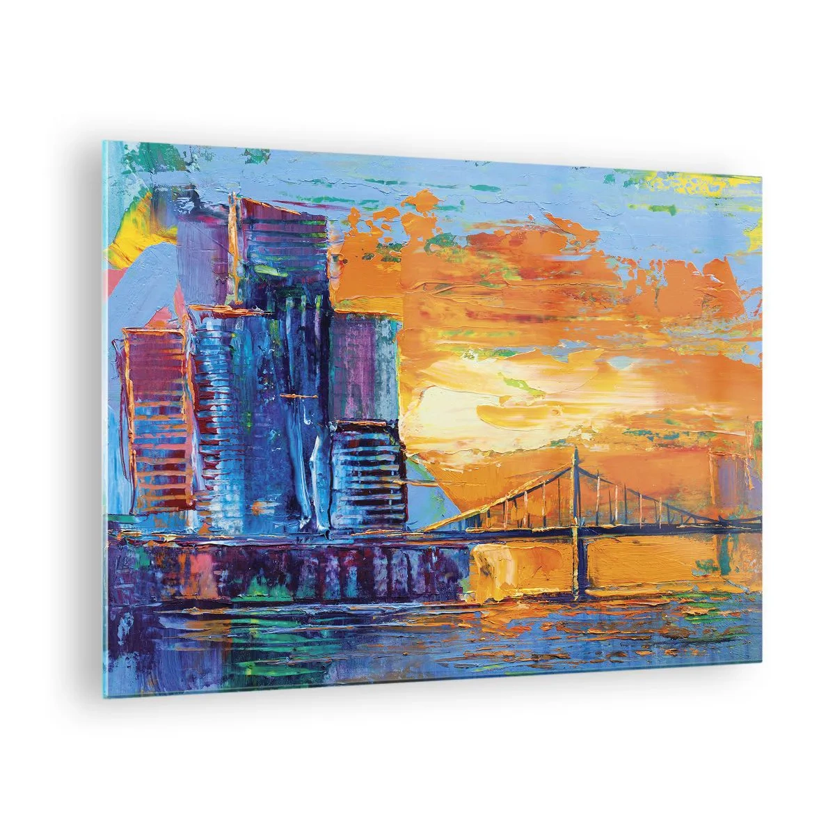 Impression sur verre - Image sur verre - La ville colorée et le pont dans la lueur du soleil couchant - 70x50cm - Culture et nature - Décoration murale moderne pour le salon et la chambre ARTTOR