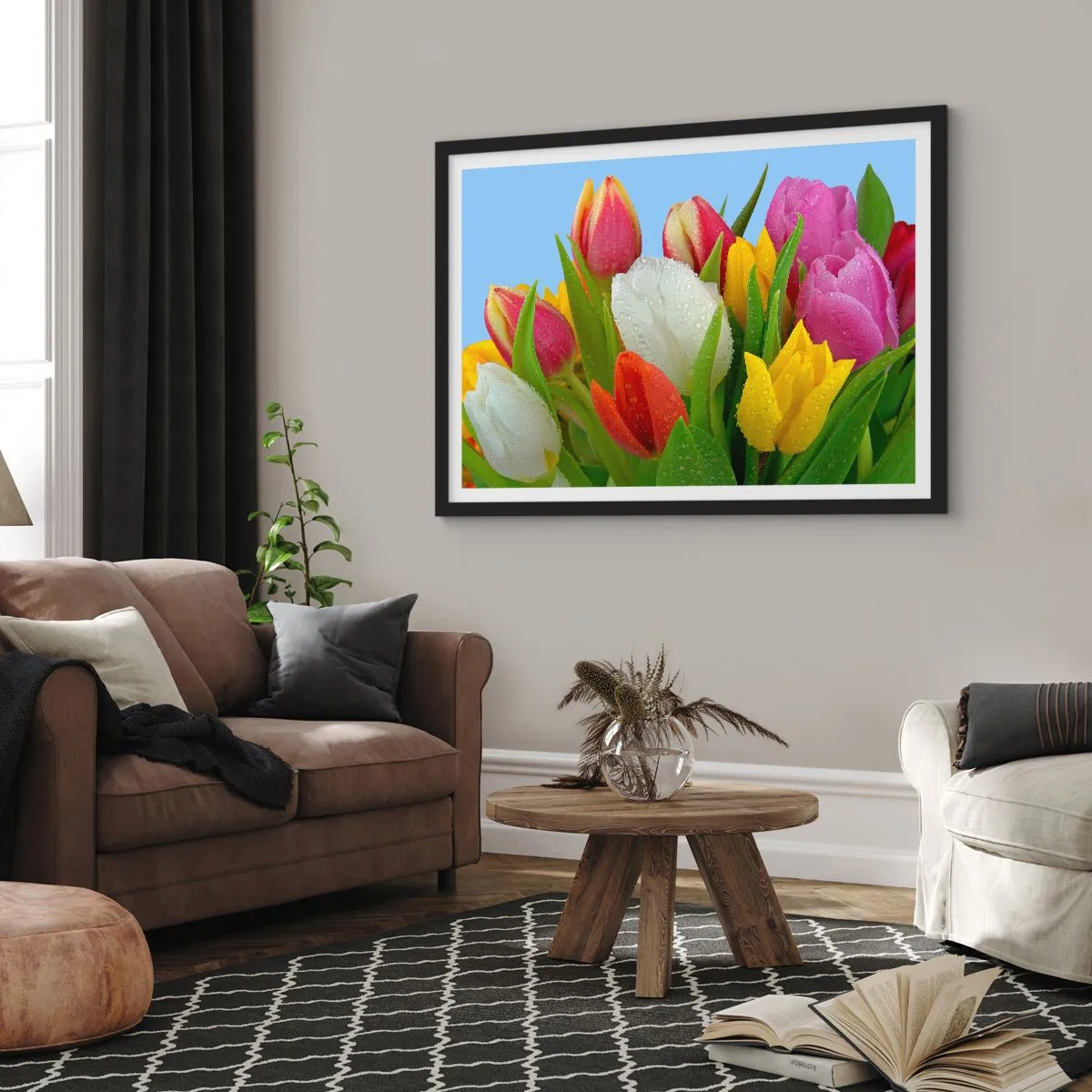 Affiche dans un cadre noir - Poster - Un arc-en-ciel fleuri en gouttes de rosée - 91x61 cm