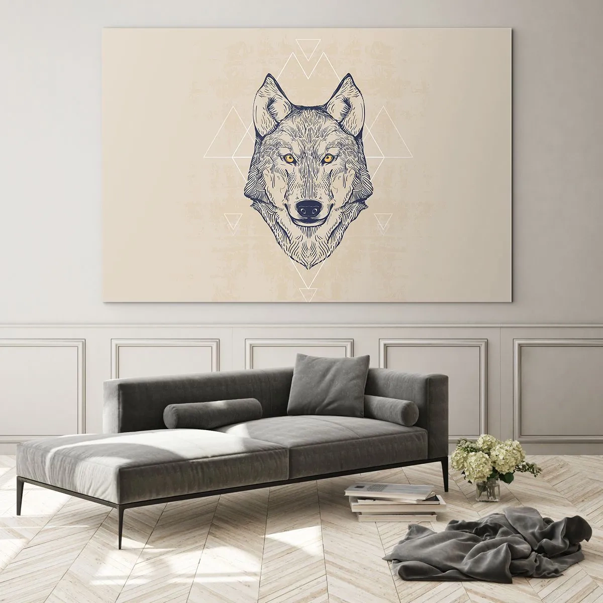 Impression sur verre - Image sur verre - Tête de loup sur fond de motifs géométriques - 100x70cm - Un alpha au regard pénétrant - Décoration murale moderne pour le salon et la chambre ARTTOR