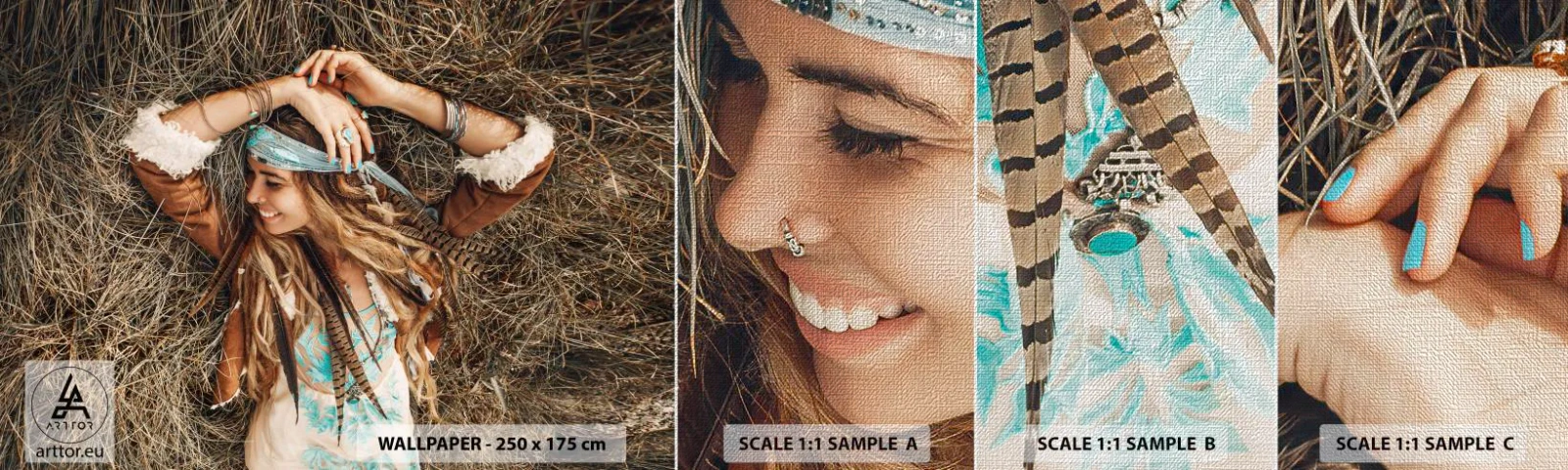 Échantillon de Papier Peint Premium Canvas - En route vers les années d'amour - Bohème, Femme, Bijoux - 100x30 cm