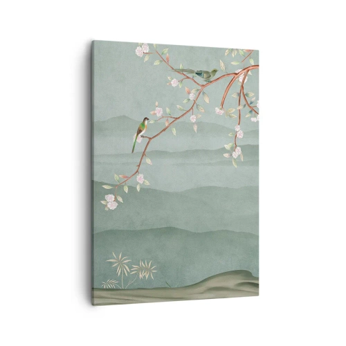 Impression sur toile - Image sur toile - Une image pittoresque d'une branche d'arbre en fleurs avec des oiseaux sur fond de collines verdoyantes. - 50x70cm - Printemps oh c'est toi - Décoration murale moderne pour le salon et la chambre ARTTOR