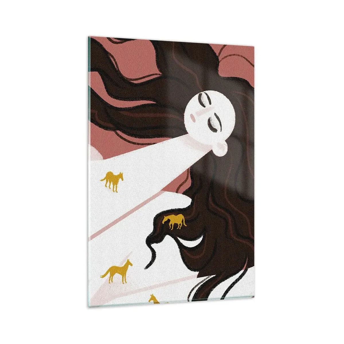 Impression sur verre - Image sur verre - Une silhouette aux yeux fermés entourée de chevaux dorés - 80x120cm - Rêve d'un cheval d'or - Décoration murale moderne pour le salon et la chambre ARTTOR