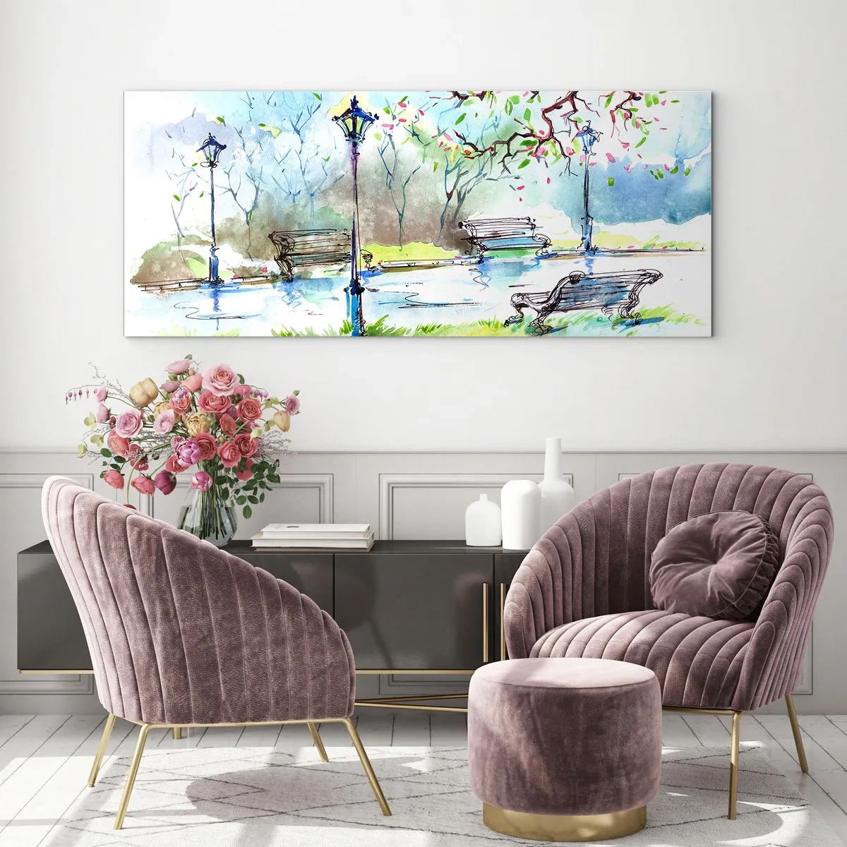 Impression sur verre - Image sur verre - Scène de parc à l'aquarelle avec bancs et lampes - 120x50cm - Le charme du silence d'un parc - Décoration murale moderne pour le salon et la chambre ARTTOR