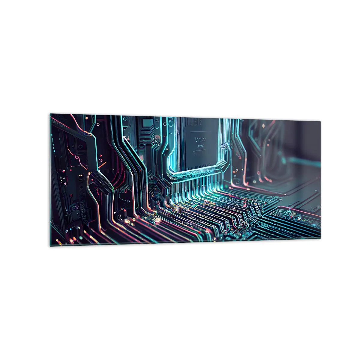 Impression sur verre - Image sur verre - Circuit imprimé technologique avec pistes lumineuses - 120x50cm - Je pense comme ça… - Décoration murale moderne pour le salon et la chambre ARTTOR