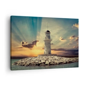 Impression sur toile - Image sur toile - Un phare au coucher du soleil contre le ciel - 70x50cm - Lumière - Bonté - Beauté - Décoration murale moderne pour le salon et la chambre ARTTOR