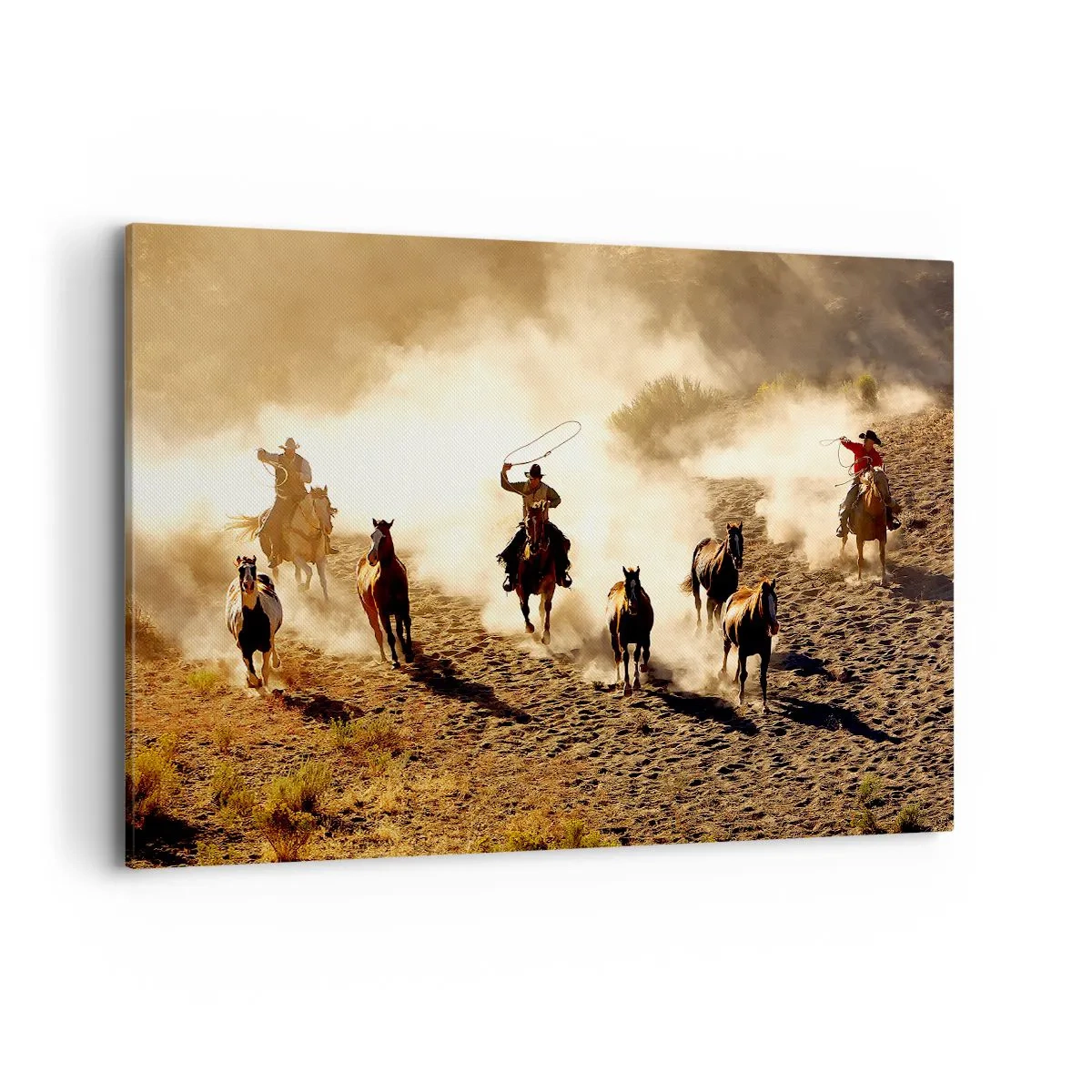 Impression sur toile - Image sur toile - Cowboys à cheval en action sur un terrain désertique - 120x80cm - L'ouest vraiment sauvage - Décoration murale moderne pour le salon et la chambre ARTTOR