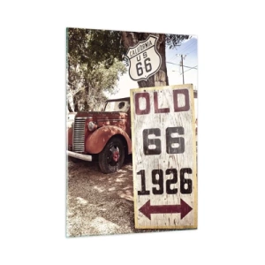 Impression sur verre - Image sur verre - Panneau Route 66 ancien et rétro - 50x70cm - La légende de la province américaine - Décoration murale moderne pour le salon et la chambre ARTTOR