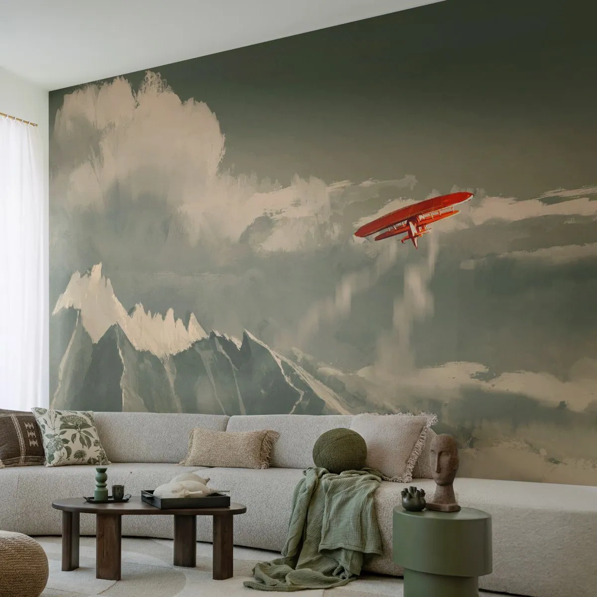 Papier Peint Photo Premium Sand - Pionnier intrépide - Abstraction, Avion, Paysage de montagne - 300x210 cm